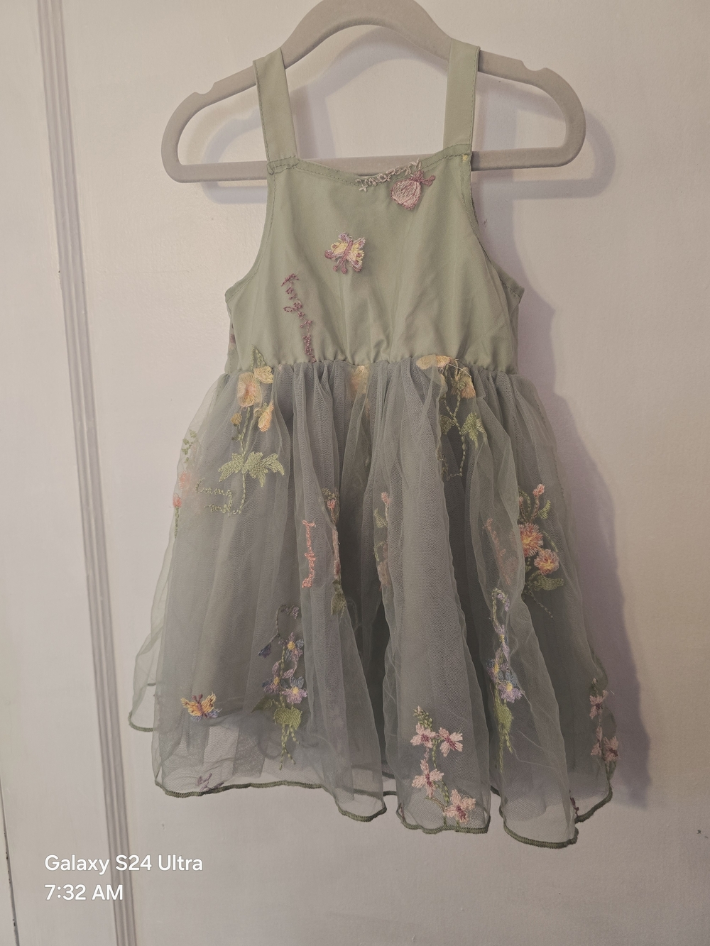 Amazon Girls' Sage Green Floral Embroidered Tulle Dress